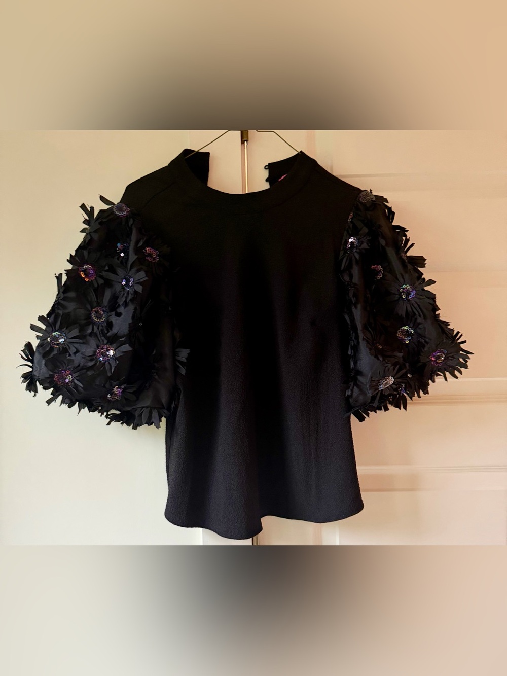 THML Black Textured Puff-Sleeve Top with Pink Label